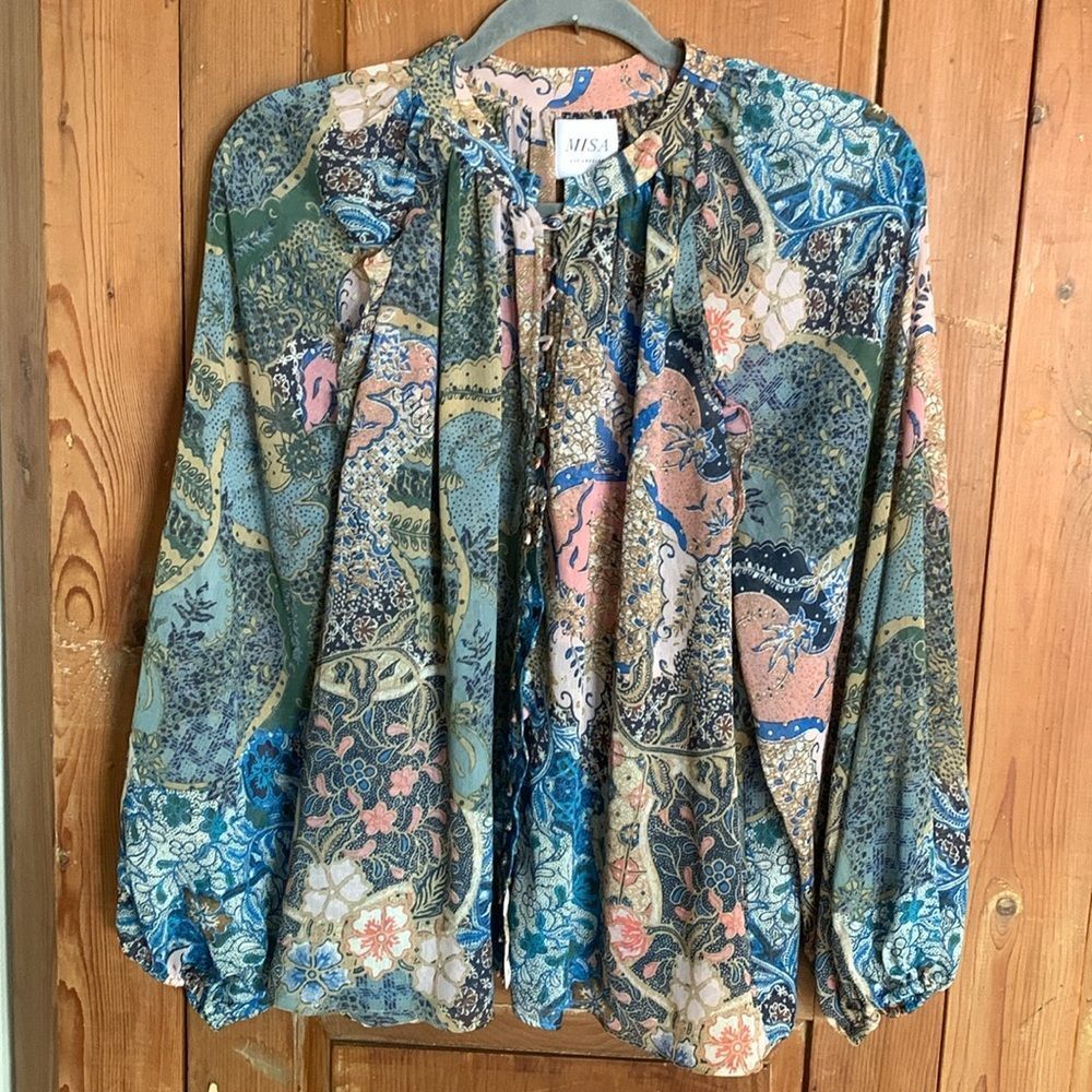 MISA Karan Patchwork batik chiffon long sleeve blouse NWT